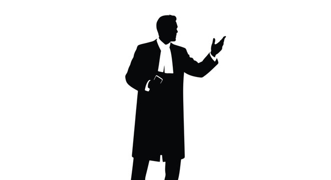 Silhouette of a lawyer or barrister in a robe and jabot standing and gesturing with his hand