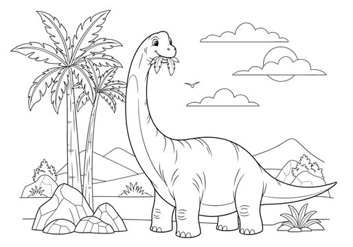 Cute cartoon brachiosaurus dinosaur eating leaves in a prehistoric landscape with palm trees, mountains, and clouds, coloring page for kids