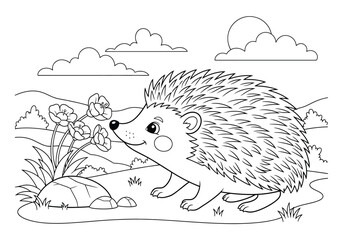 Cute cartoon hedgehog smelling flowers in a meadow, coloring page for children, black and white vector illustration for kids coloring book, nature landscape with hills and clouds © Hikari Vector Studio