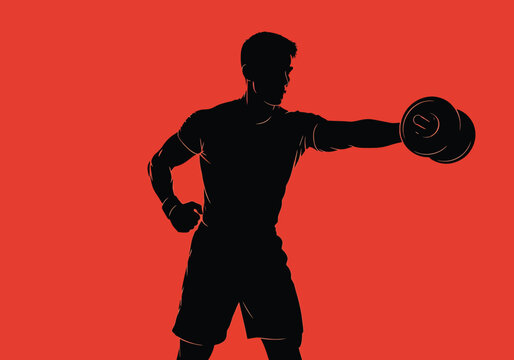Silhouette of a muscular man exercising with a dumbbell, performing a lateral raise, a solid red background, fitness and bodybuilding concept