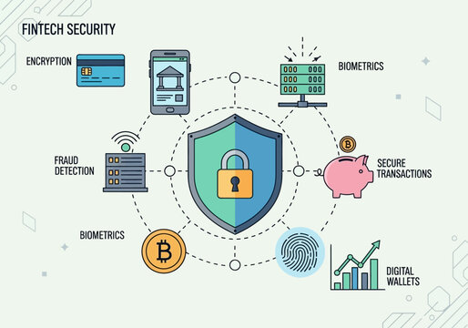 Fintech security concept with shield and icons on screen display