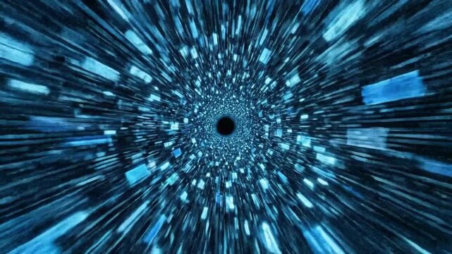 Abstract digital tunnel of blue light streaks zooming into a central dark void, representing speed and futuristic technology