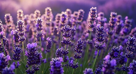 Naklejka premium Beautiful blooming purple lavender field at sunset.