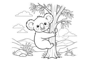 Cute cartoon koala climbing a eucalyptus tree in the australian outback, black and white line art coloring page for kids
