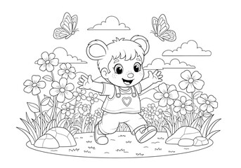 Cute cartoon bear cub character running in a flower meadow with butterflies and clouds, coloring page for kids © Hikari Vector Studio