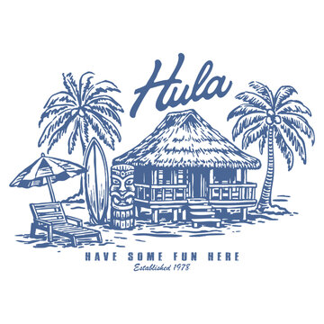Vintage Tropical Beach Hut and Tiki Bar Illustration
