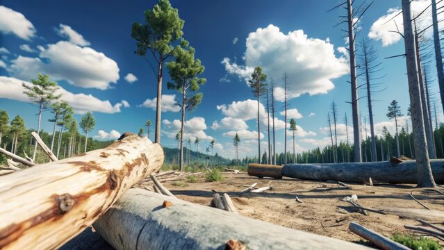 The stark contrast between fallen trees and a thriving forest after deforestation reveals the devastating impact on natures balance