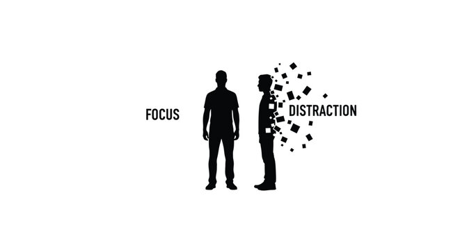 Conceptual illustration of focus versus distraction, silhouette of a person standing still representing focus and a silhouette of a person disintegrating into squares representing distraction