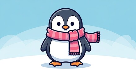 Obraz premium Cute cartoon penguin with pink scarf in a winter scene