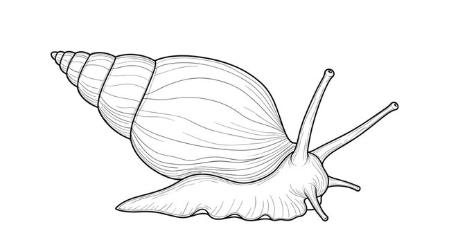 Intricate black and white engraving style drawing of a snail with a spiral shell and long antennae crawling slowly on a flat surface.