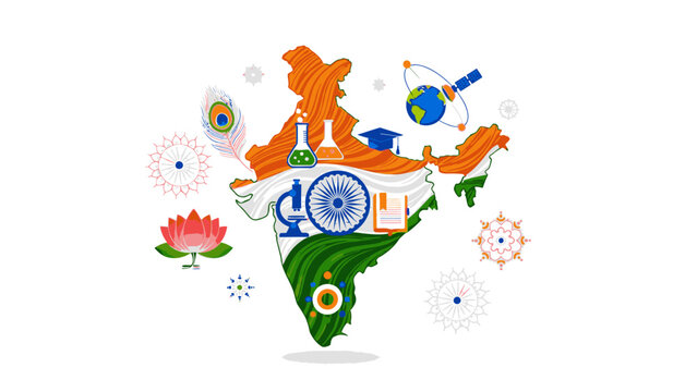 Illustration of India map with various icons and symbols in orange, white, and green colors on a white background.