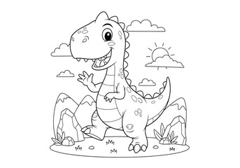 Cute cartoon dinosaur coloring page for kids, friendly trex character waving hello in a prehistoric landscape with mountains, sun, and clouds © Hikari Vector Studio