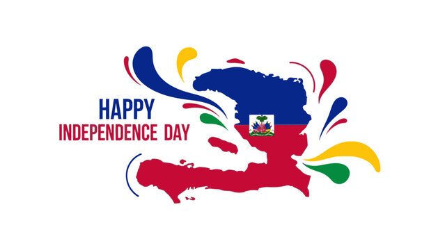 Graphic illustration of a Haitian Independence Day logo with colorful paint splatters on a white background.