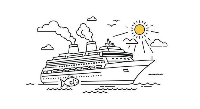 Simple line drawing of a large cruise ship sailing on the sea under a bright sun with a fish jumping in the water for travel themes.