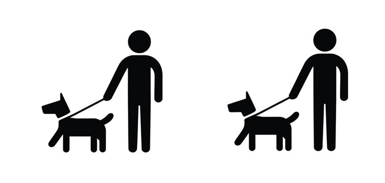 Walking with the dog, leash control, simple cartoon hound walking beside owner, minimal flat vector style, stick figure dog pictogram combined with clean black silhouette elements, modern stickman log