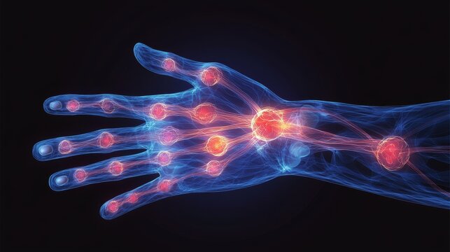 Conceptual medical illustration of an elderly person&acirc;&euro;&trade;s hand with highlighted sensory nerves and glowing red pain points at the fingertips and wrist