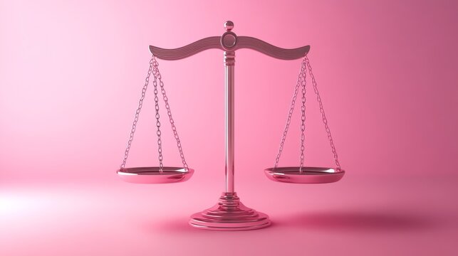 Conceptual 3d rendering of fairness symbol, bright-colored justice scale with soft shadows and pleasing pink palette for modern graphic use