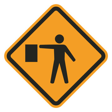 Warning, roadside work symbol featuring a flag holder directing movement, thick bordered caution sign, minimal vector icon of a person gesturing with extended arm, representing controlled access, 