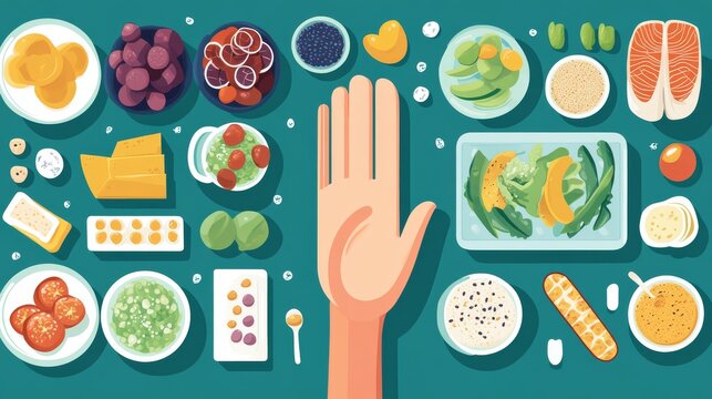 Visual guide for portion control with human hand as reference beside different food items, clean vector layout and health markers