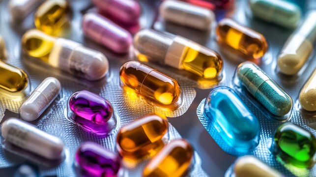 Close-up macro shot of multicolored pills and gel capsules placed in honeycomb-shaped containers, symmetrical layout on a sterile lab background