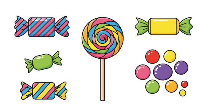 Assortment of colorful candies including hard candies, a large swirl lollipop, and small round gumdrops for a sweet theme.