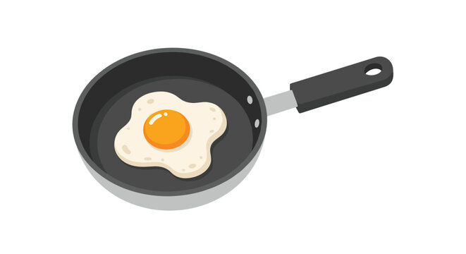 Single fried egg with a bright yellow yolk cooking in a modern black frying pan for a breakfast food theme.