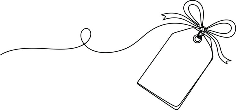 Simple hand drawn gift tag with bow and string on white background