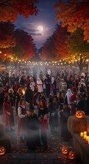 A mystical Halloween festival scene under a full moon with people in costumes.