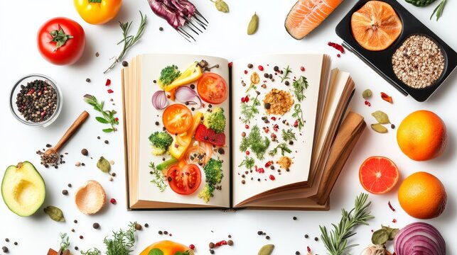 Flat top view of cookbook with clean page layout, colorful healthy recipe illustrations, isolated on bright white background for editorial use