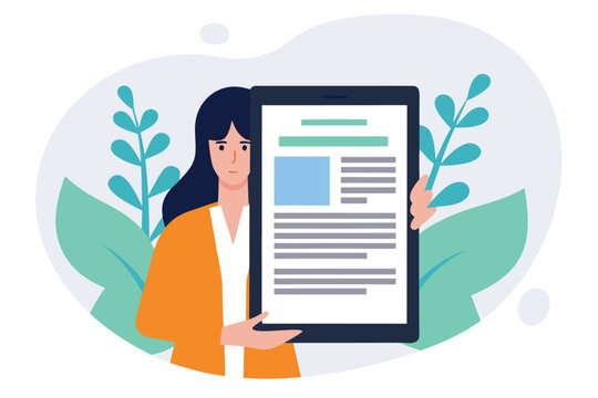 Woman holding a tablet displaying content with botanical elements