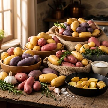 Abundant Assortment of Fresh Potatoes and Herbs on a Rustic Wooden Table.