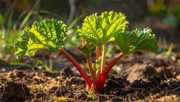 A vibrant plant with large green leaves and red stems grows in dark soil