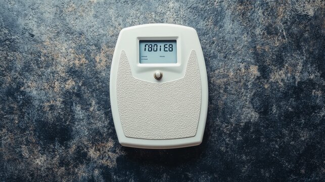 Studio shot of top-facing digital weight scale isolated on cement-style background, fitness or lifestyle concept