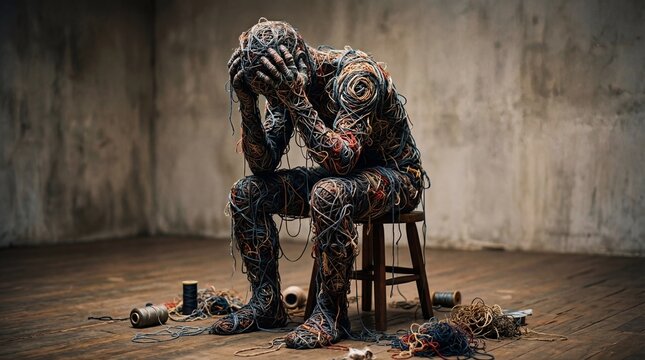 A figure made of tangled wires sits on a stool, head in hands, in a dimly lit, empty room, symbolizing struggle or mental entanglement.