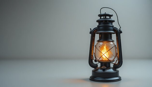 An isolated, authentic, vintage kerosene lantern with a warm, glowing flame