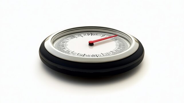 Isolated analog weight scale with circular dial and red needle pointing down, symbolizing weight loss, white background