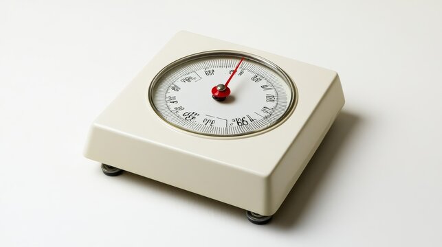 Isolated analog weight scale with circular dial and red needle pointing down, symbolizing weight loss, white background