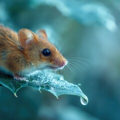 Obraz premium Cute Mouse on a Leaf with Dew