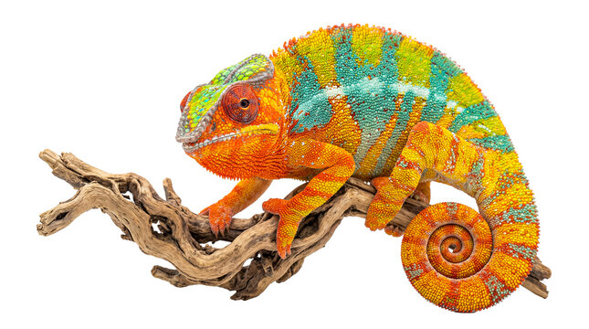 Exotic rainbow panther chameleon displaying stunning vibrant colors while perched on a branch.