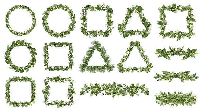 Variety of decorative frames and borders crafted from lush green tropical leaves in geometric shapes on a white background.