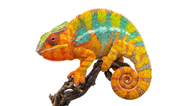Gorgeous colorful panther chameleon with coiled tail, showcasing its impressive camouflage on a branch.