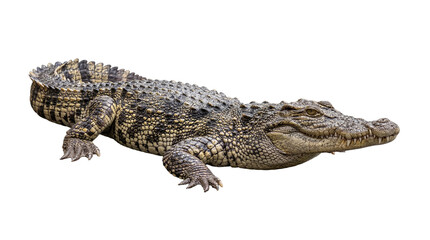 Obraz premium Large saltwater crocodile, Crocodylus porosus, resting on a transparent background.