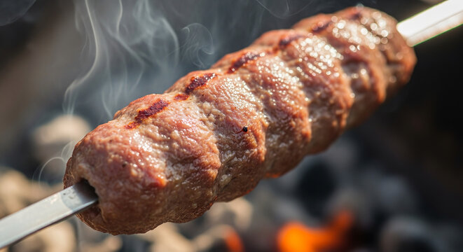 Close-up of lula kebab grilling on metal skewer over glowing hot coals, concept of traditional barbecue and authentic flavors  