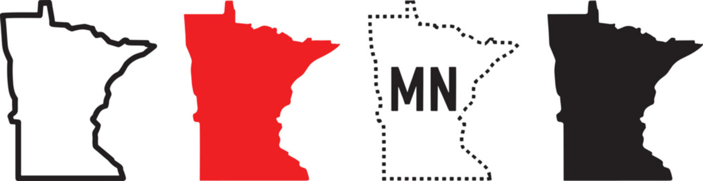 Minnesota State Outline Variations Including Solid Red Black and Dotted Outline with MN Initials on White Background