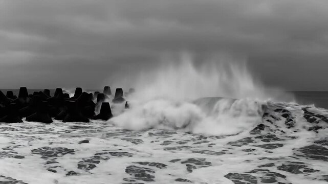 Crashing waves with tetrapods, and sea.