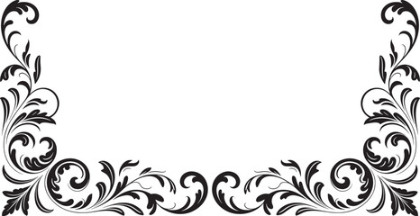 Fototapeta premium Ornate black decorative corner and a central horizontal flourish with swirling leaf patterns on a white background