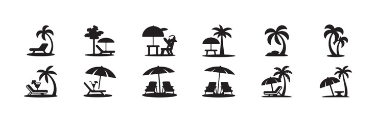 Set of tropical vacation icons featuring palm trees, lounge chairs, and beach umbrellas © MdJahid