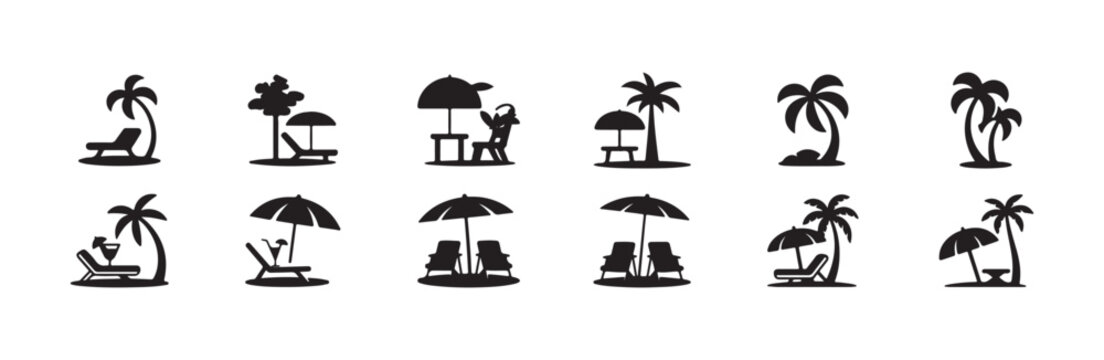 Set of tropical vacation icons featuring palm trees, lounge chairs, and beach umbrellas