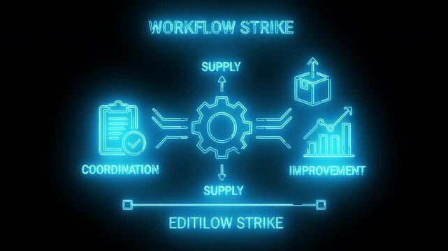 Neon-lit infographic illustrating workflow and supply chain optimization with glowing blue icons on a dark background.