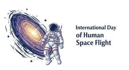 A cartoon astronaut floats in space with a swirling galaxy behind him to celebrate the International Day of Human Space Flight, rendered as a vibrant vector illustration against a clean © Nafisa
